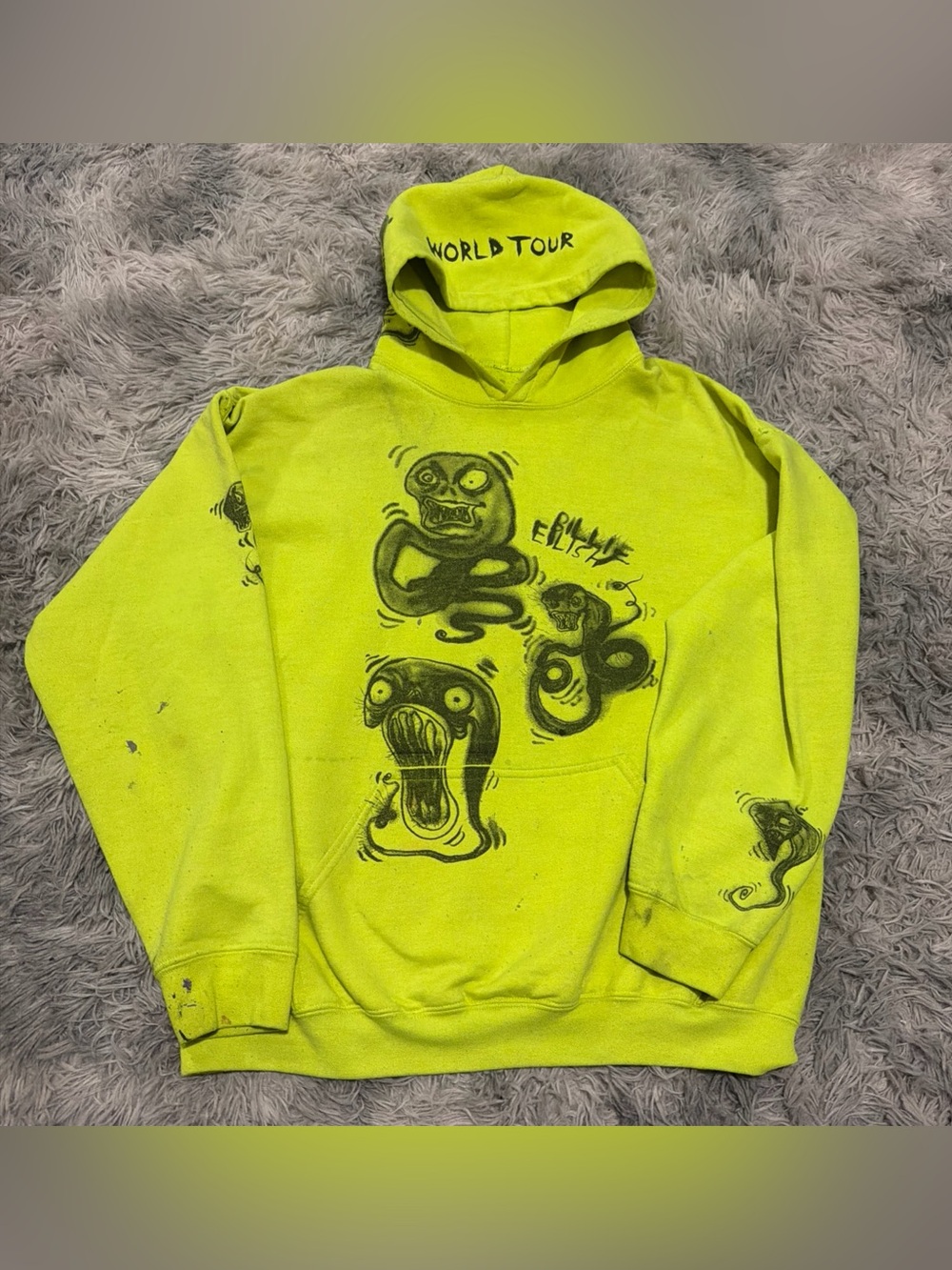 Billie Eilish Hoodie Men Large Neon Yellow 2019 World Tour Graffiti Graphic Art